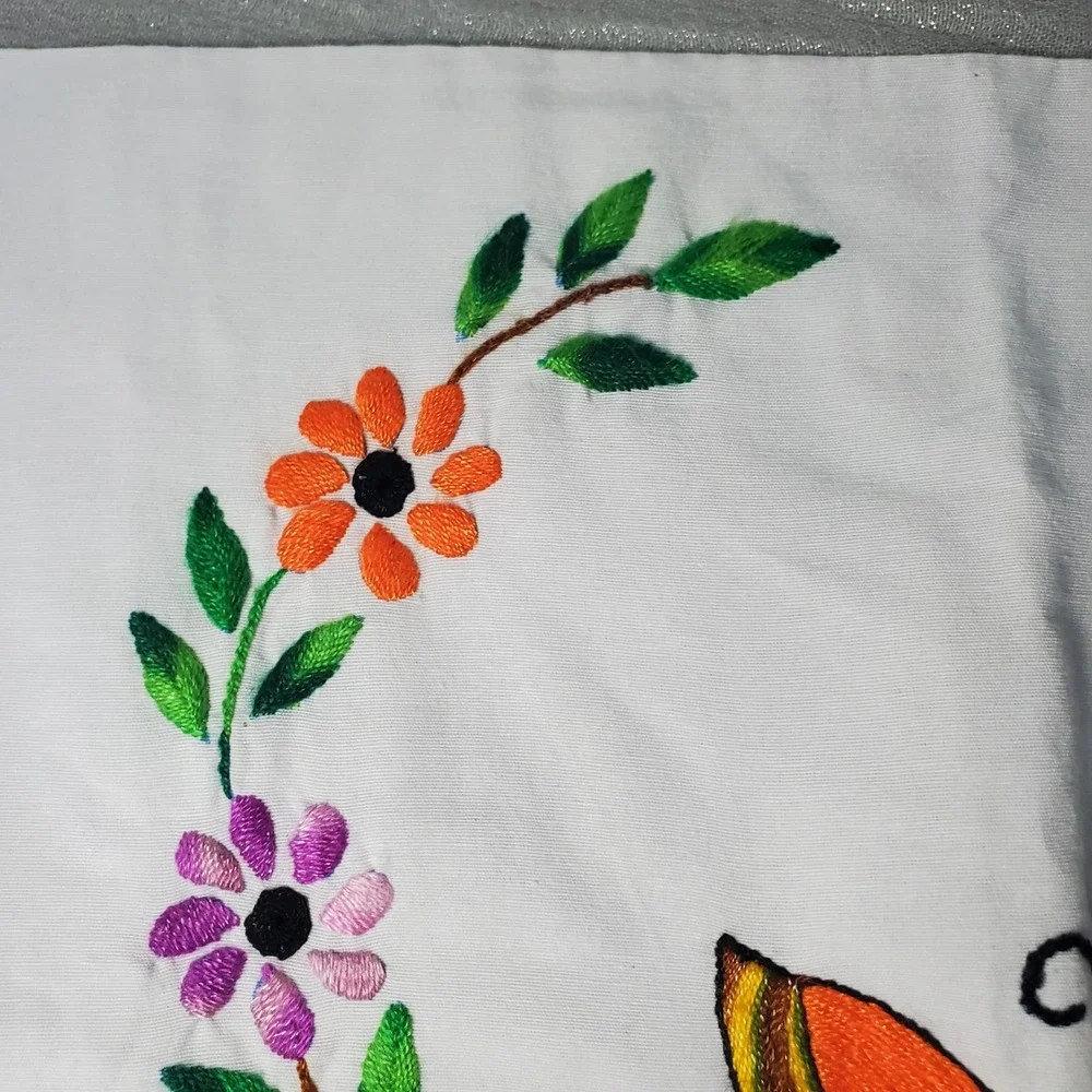 Hand Embroidered Pillowcase White Butterfly Floral Decor Home Accent Cottagecore